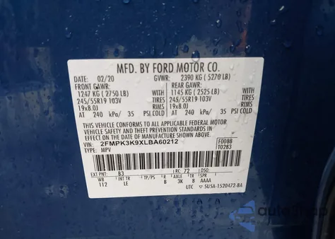 2020 Ford Edge Titanium z USA, uszkodzony, nr VIN 2FMPK3K9XLBA60212